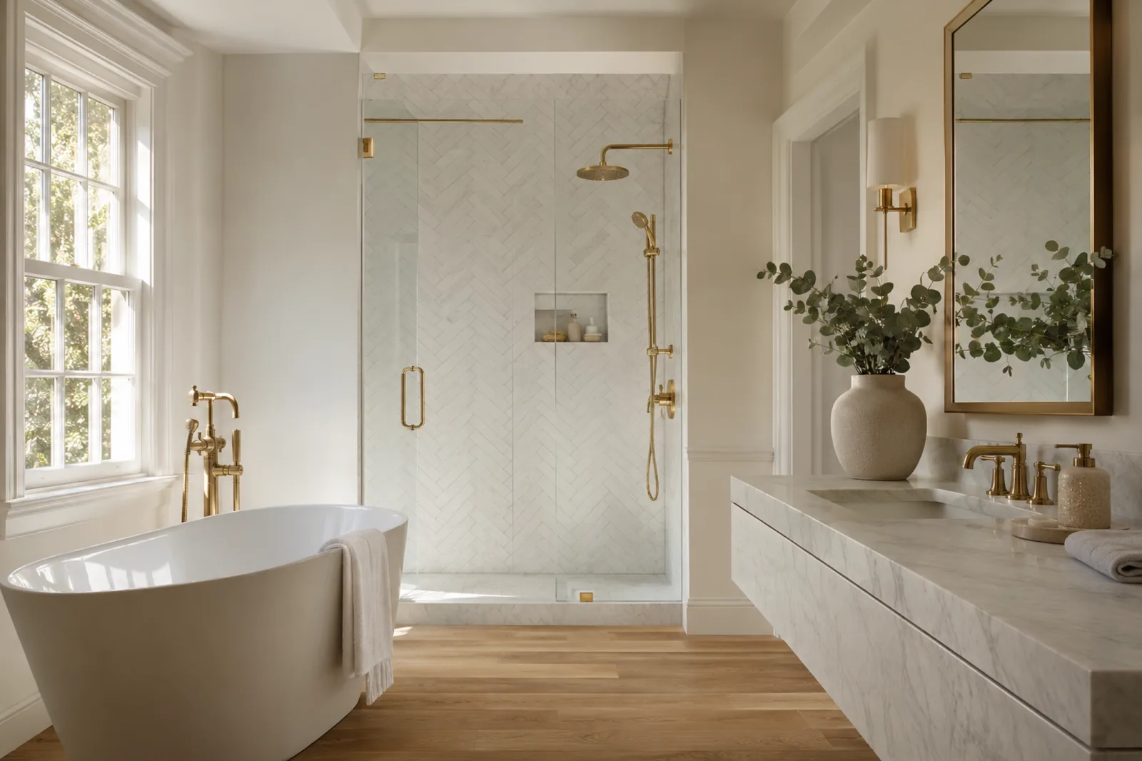 Bright bathroom with a freestanding tub and a glass shower enclosure