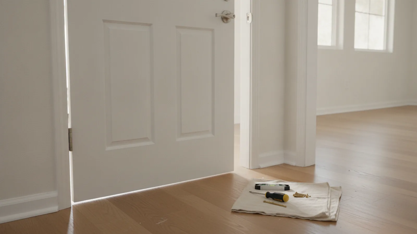 Interior door standing open with a few tools on a drop cloth beside it