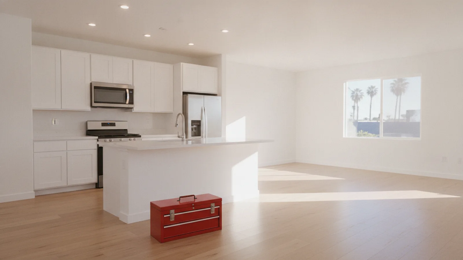 Empty, freshly cleaned kitchen and living area with a red toolbox on the floor